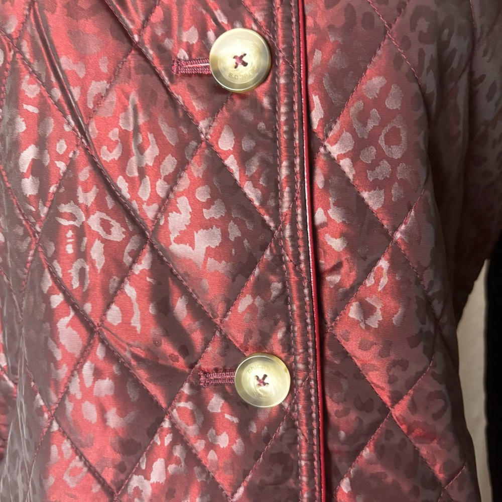 Chico’s Long Quilted Animal Print Midi Coat Shimmer Burgundy Size 3 XL 16-18 - Picture 4 of 9